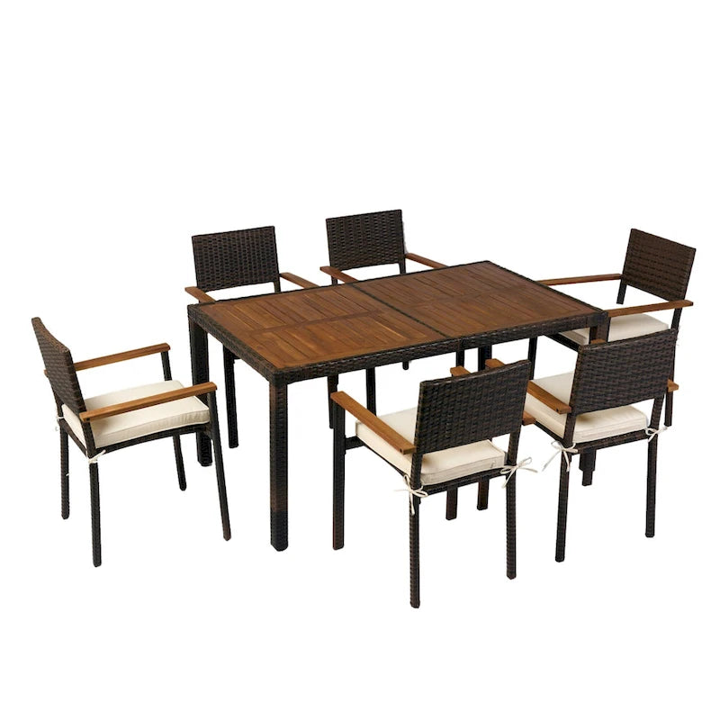 7-Piece Patio Dining Set for 6 People PE Wicker Chairs Acacia Wood Table