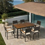 7-Piece Patio Dining Set for 6 People PE Wicker Chairs Acacia Wood Table