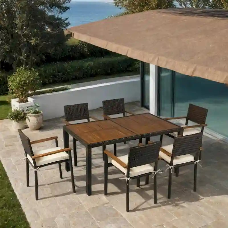 7-Piece Patio Dining Set for 6 People PE Wicker Chairs Acacia Wood Table