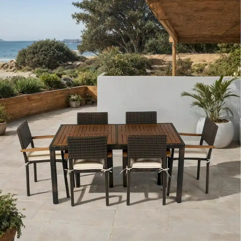 7-Piece Patio Dining Set for 6 People PE Wicker Chairs Acacia Wood Table