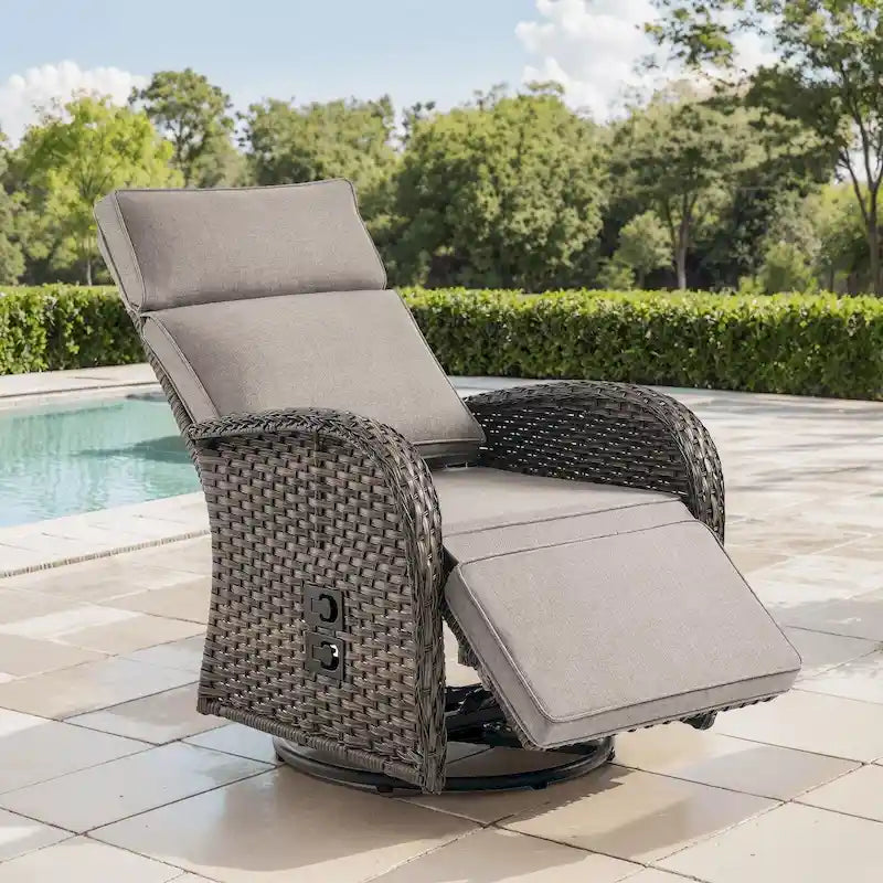 Adjustable Wicker Chaise Lounge Chair Brown with Beige Cushion Reclining