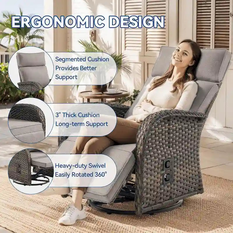Adjustable Wicker Chaise Lounge Chair Brown with Beige Cushion Reclining
