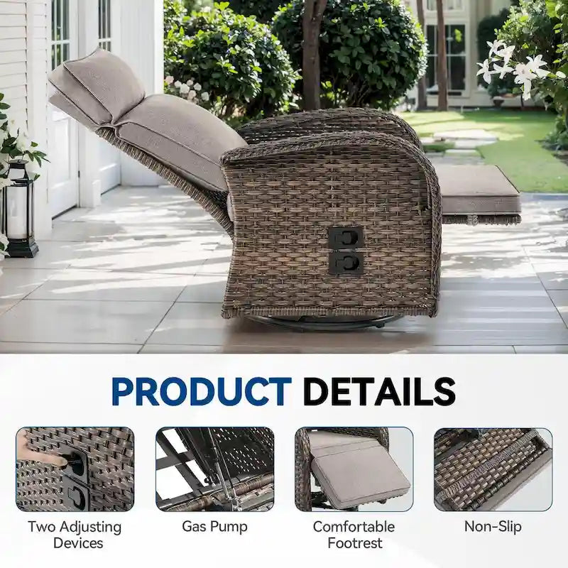 Adjustable Wicker Chaise Lounge Chair Brown with Beige Cushion Reclining