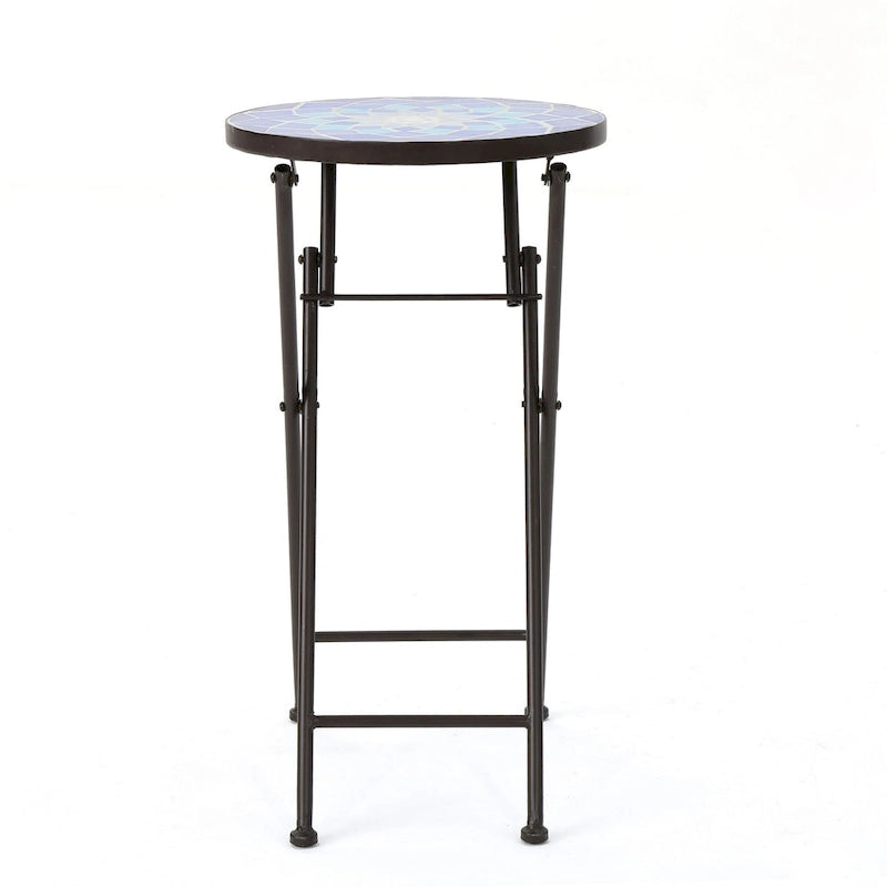 Silia Outdoor End Table, Round 13 Inch, Blue and White Ceramic Tile