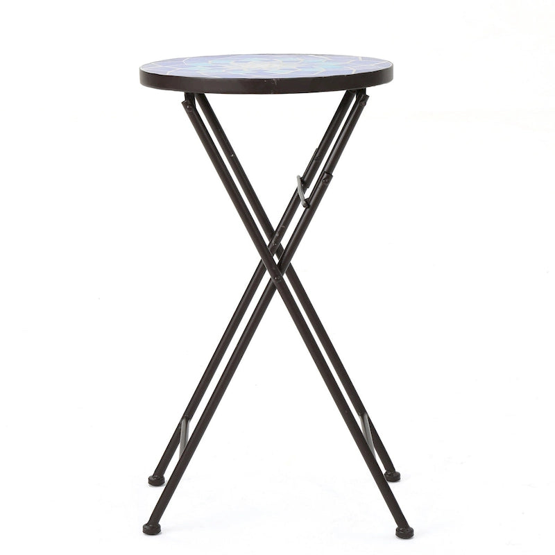 Silia Outdoor End Table, Round 13 Inch, Blue and White Ceramic Tile