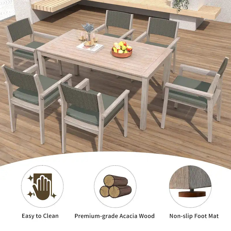 7-Piece Patio Dining Set Acacia Wood 6 Stackable Chairs with Cushions