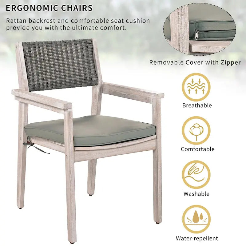 7-Piece Patio Dining Set Acacia Wood 6 Stackable Chairs with Cushions