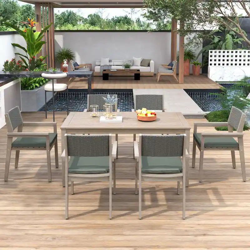 7-Piece Patio Dining Set Acacia Wood 6 Stackable Chairs with Cushions