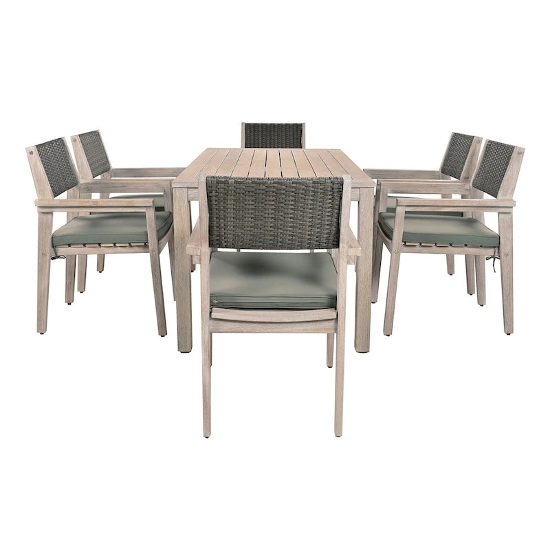 7-Piece Patio Dining Set Acacia Wood 6 Stackable Chairs with Cushions