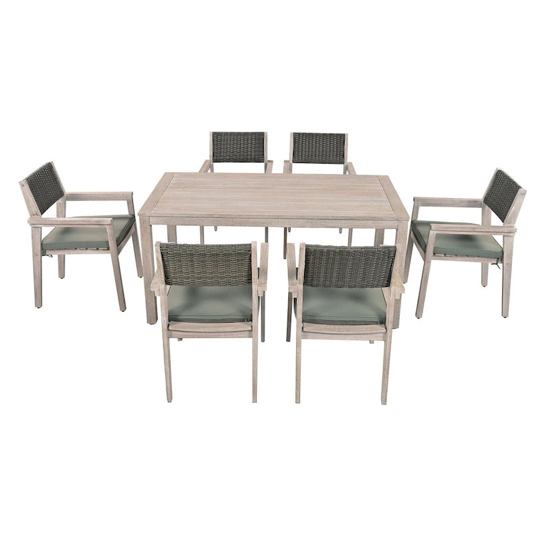 7-Piece Patio Dining Set Acacia Wood 6 Stackable Chairs with Cushions