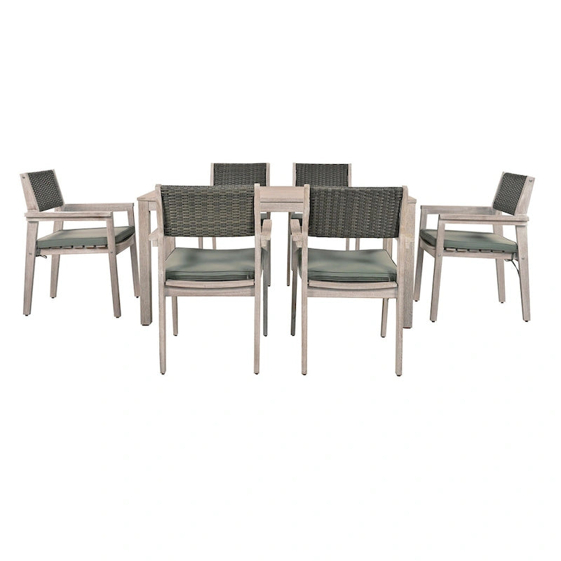 7-Piece Patio Dining Set Acacia Wood 6 Stackable Chairs with Cushions