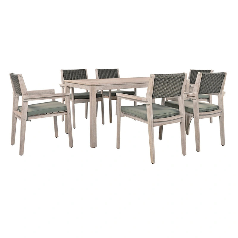 7-Piece Patio Dining Set Acacia Wood 6 Stackable Chairs with Cushions