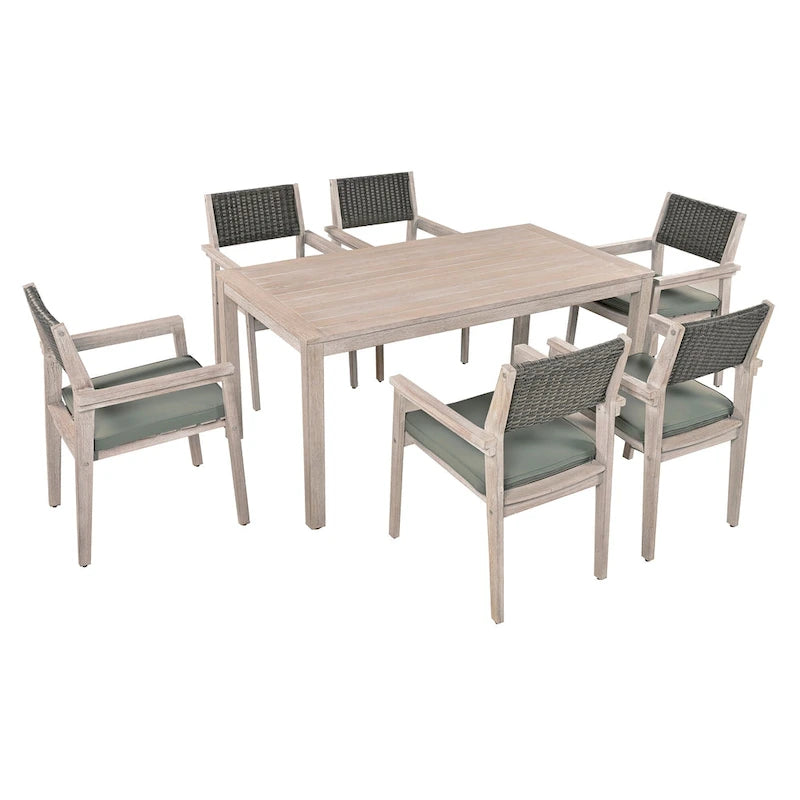 7-Piece Patio Dining Set Acacia Wood 6 Stackable Chairs with Cushions