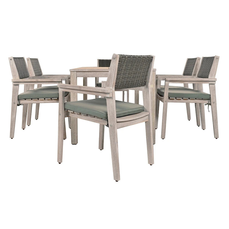 7-Piece Patio Dining Set Acacia Wood 6 Stackable Chairs with Cushions