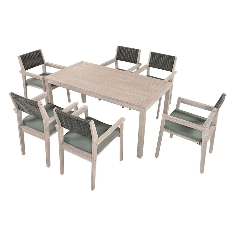 7-Piece Patio Dining Set Acacia Wood 6 Stackable Chairs with Cushions