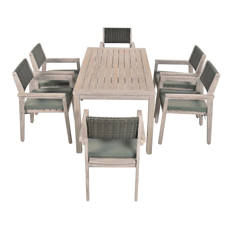 7-Piece Patio Dining Set Acacia Wood 6 Stackable Chairs with Cushions