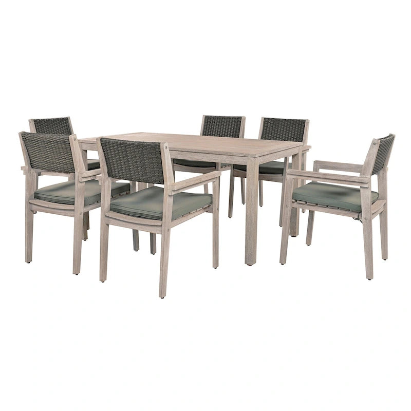 7-Piece Patio Dining Set Acacia Wood 6 Stackable Chairs with Cushions