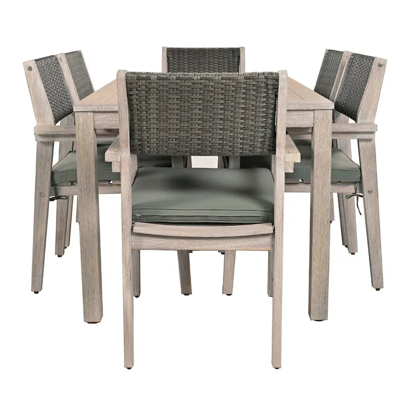 7-Piece Patio Dining Set Acacia Wood 6 Stackable Chairs with Cushions