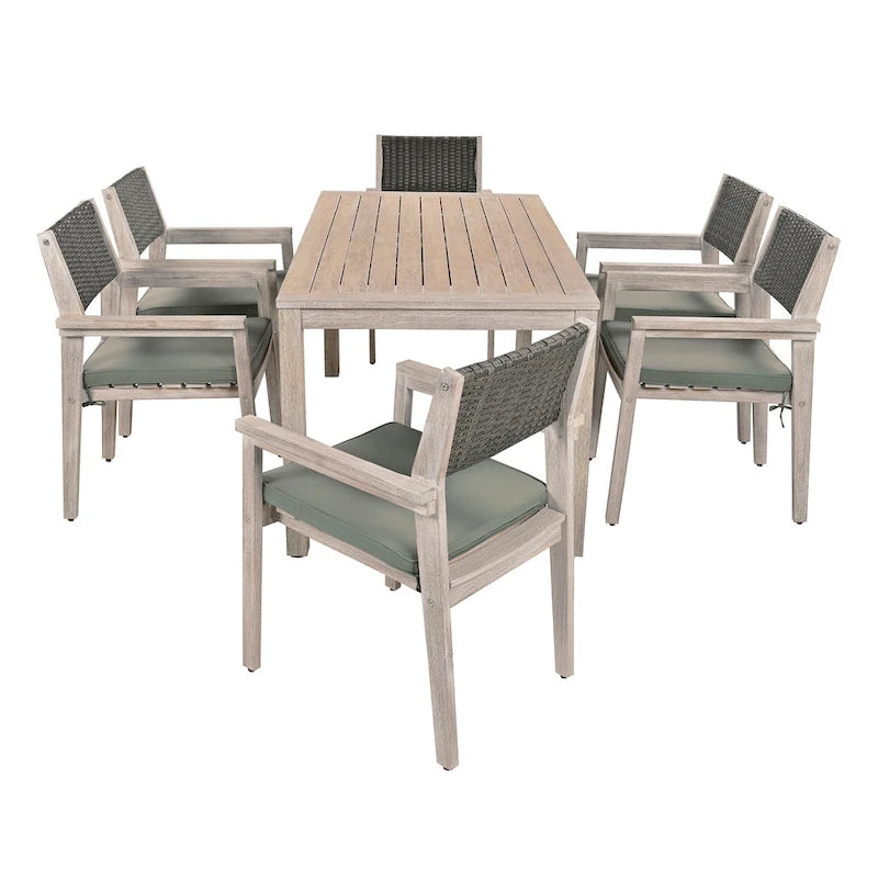 7-Piece Patio Dining Set Acacia Wood 6 Stackable Chairs with Cushions