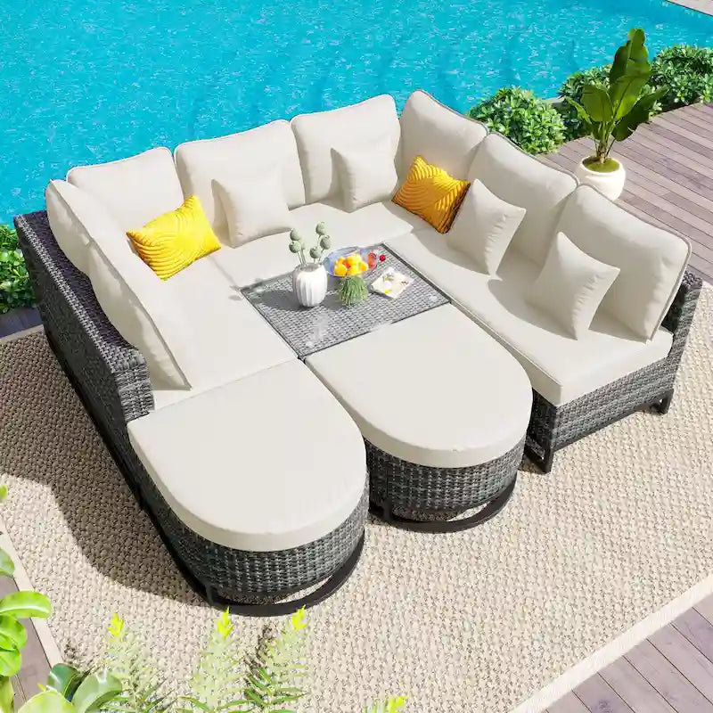 7-Piece PE Rattan Sectional Set Gray Cushions for 8 People 1 Loveseat 2 Corners 2 Ottomans 2 Tables
