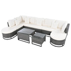 7-Piece PE Rattan Sectional Set Gray Cushions for 8 People 1 Loveseat 2 Corners 2 Ottomans 2 Tables