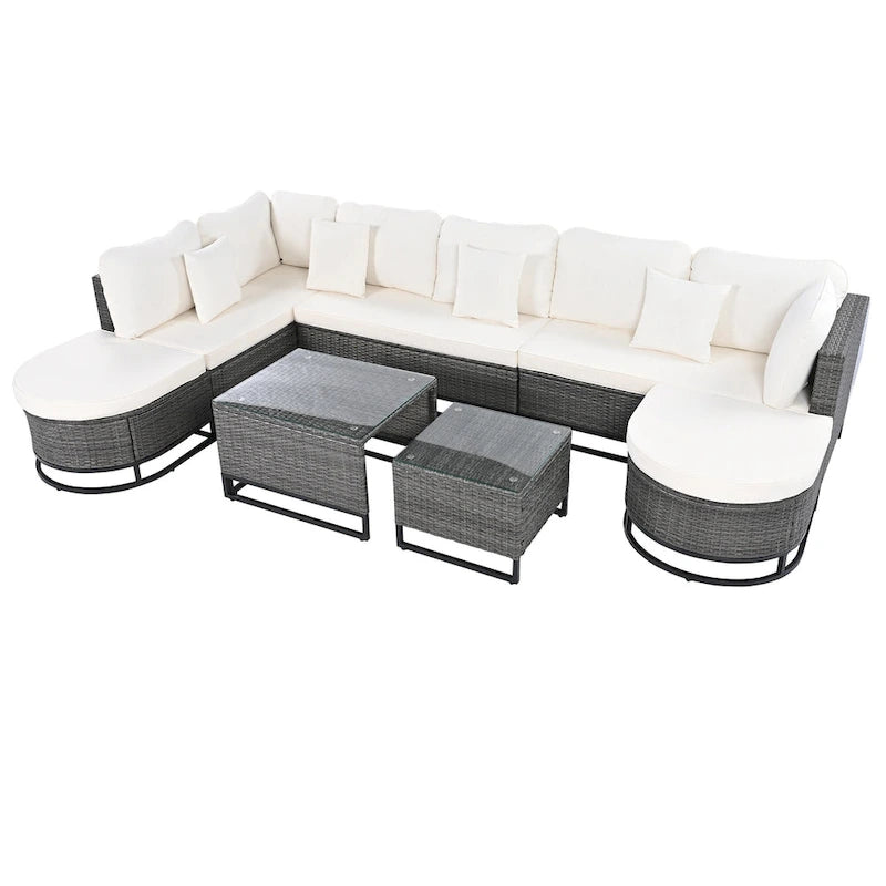 7-Piece PE Rattan Sectional Set Gray Cushions for 8 People 1 Loveseat 2 Corners 2 Ottomans 2 Tables