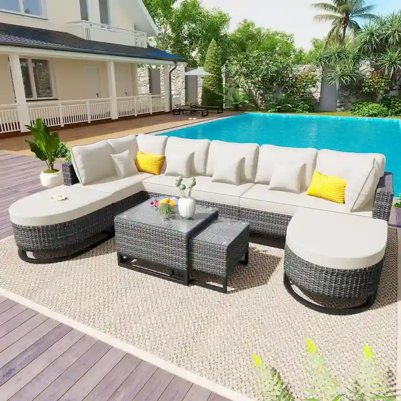 7-Piece PE Rattan Sectional Set Gray Cushions for 8 People 1 Loveseat 2 Corners 2 Ottomans 2 Tables