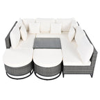 7-Piece PE Rattan Sectional Set Gray Cushions for 8 People 1 Loveseat 2 Corners 2 Ottomans 2 Tables