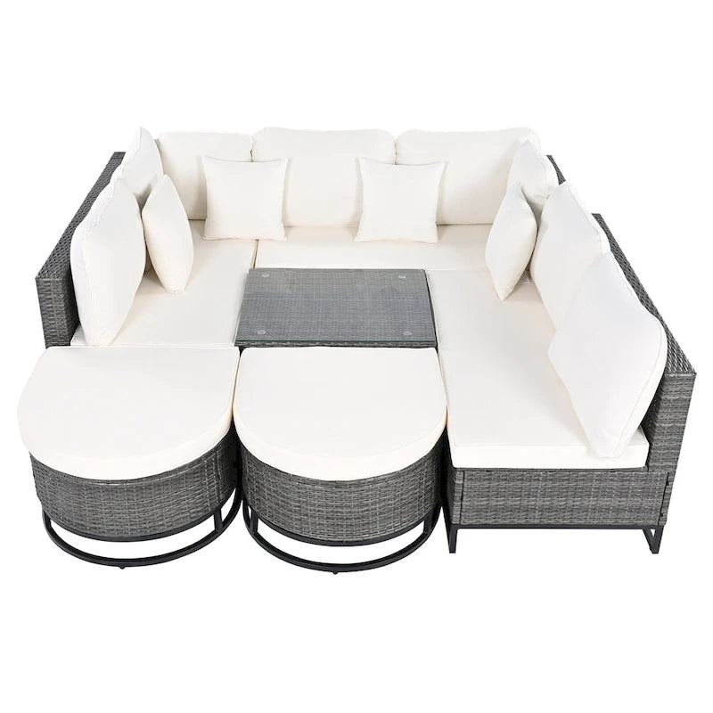 7-Piece PE Rattan Sectional Set Gray Cushions for 8 People 1 Loveseat 2 Corners 2 Ottomans 2 Tables