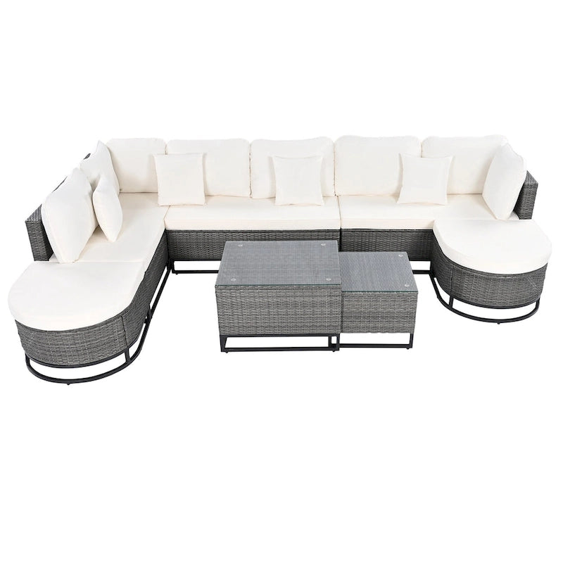 7-Piece PE Rattan Sectional Set Gray Cushions for 8 People 1 Loveseat 2 Corners 2 Ottomans 2 Tables