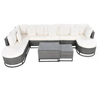 7-Piece PE Rattan Sectional Set Gray Cushions for 8 People 1 Loveseat 2 Corners 2 Ottomans 2 Tables