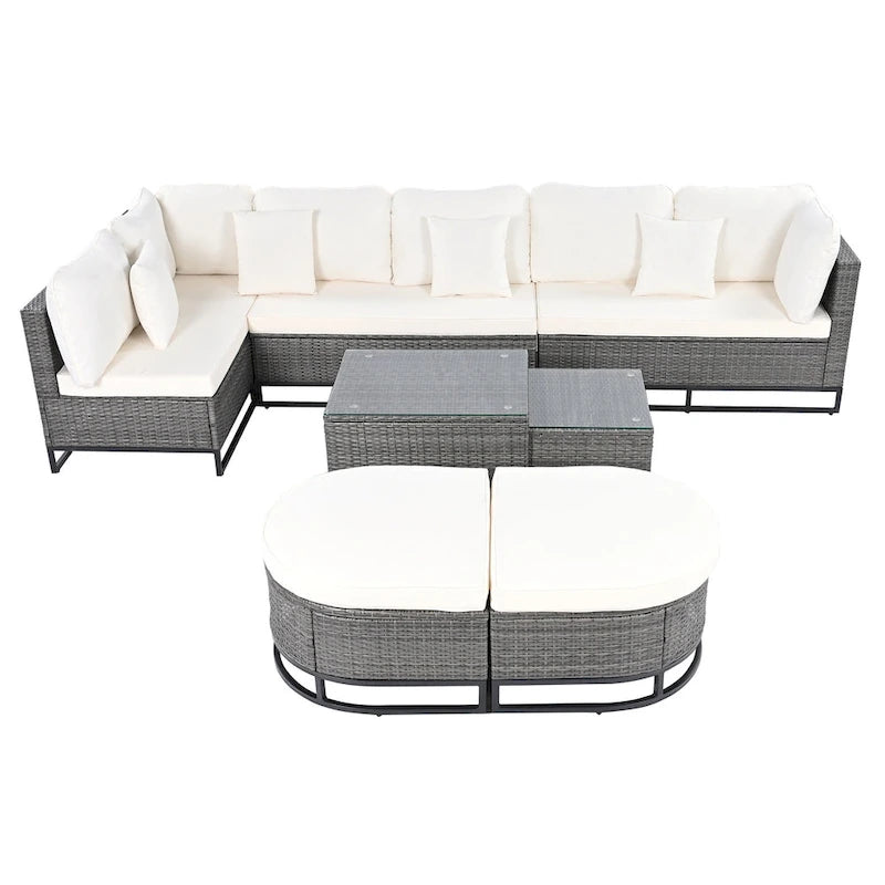 7-Piece PE Rattan Sectional Set Gray Cushions for 8 People 1 Loveseat 2 Corners 2 Ottomans 2 Tables