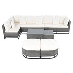 7-Piece PE Rattan Sectional Set Gray Cushions for 8 People 1 Loveseat 2 Corners 2 Ottomans 2 Tables