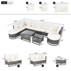7-Piece PE Rattan Sectional Set Gray Cushions for 8 People 1 Loveseat 2 Corners 2 Ottomans 2 Tables