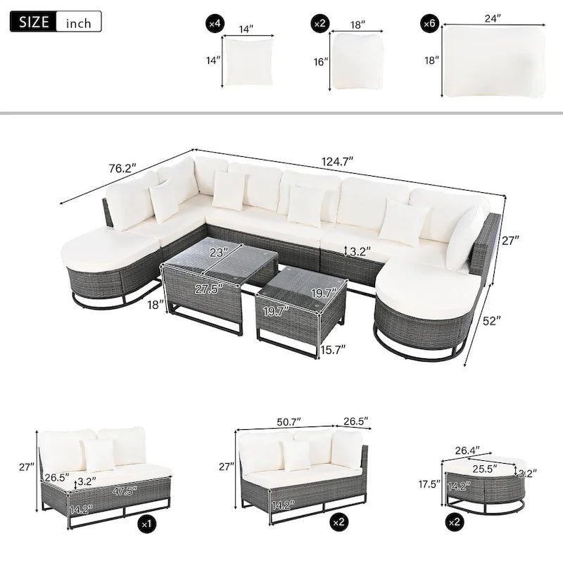 7-Piece PE Rattan Sectional Set Gray Cushions for 8 People 1 Loveseat 2 Corners 2 Ottomans 2 Tables