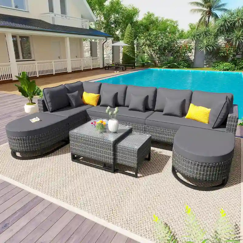 7-Piece PE Rattan Sectional Set Gray Cushions for 8 People 1 Loveseat 2 Corners 2 Ottomans 2 Tables