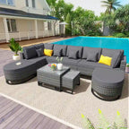 7-Piece PE Rattan Sectional Set Gray Cushions for 8 People 1 Loveseat 2 Corners 2 Ottomans 2 Tables