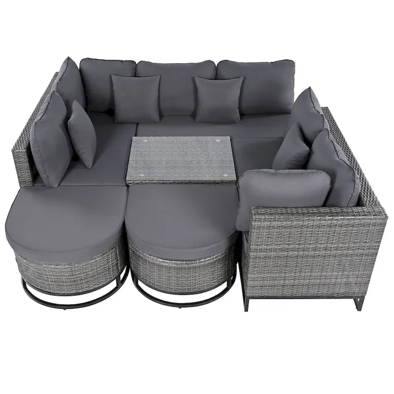 7-Piece PE Rattan Sectional Set Gray Cushions for 8 People 1 Loveseat 2 Corners 2 Ottomans 2 Tables