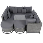 7-Piece PE Rattan Sectional Set Gray Cushions for 8 People 1 Loveseat 2 Corners 2 Ottomans 2 Tables