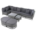 7-Piece PE Rattan Sectional Set Gray Cushions for 8 People 1 Loveseat 2 Corners 2 Ottomans 2 Tables