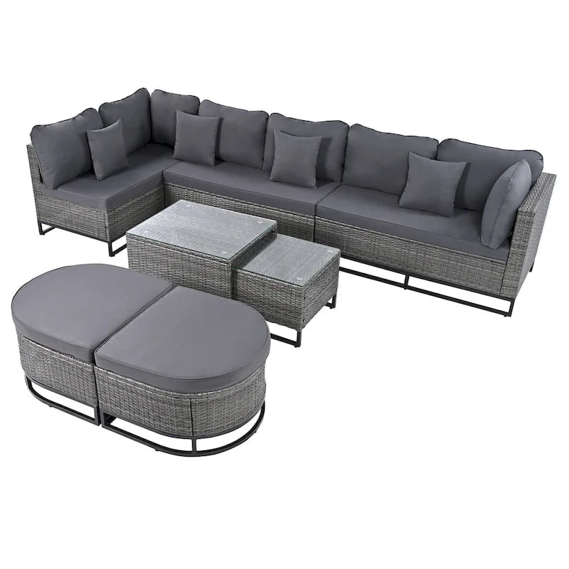 7-Piece PE Rattan Sectional Set Gray Cushions for 8 People 1 Loveseat 2 Corners 2 Ottomans 2 Tables