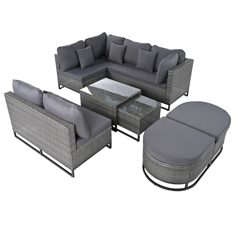 7-Piece PE Rattan Sectional Set Gray Cushions for 8 People 1 Loveseat 2 Corners 2 Ottomans 2 Tables