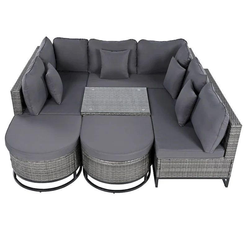 7-Piece PE Rattan Sectional Set Gray Cushions for 8 People 1 Loveseat 2 Corners 2 Ottomans 2 Tables