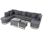 7-Piece PE Rattan Sectional Set Gray Cushions for 8 People 1 Loveseat 2 Corners 2 Ottomans 2 Tables