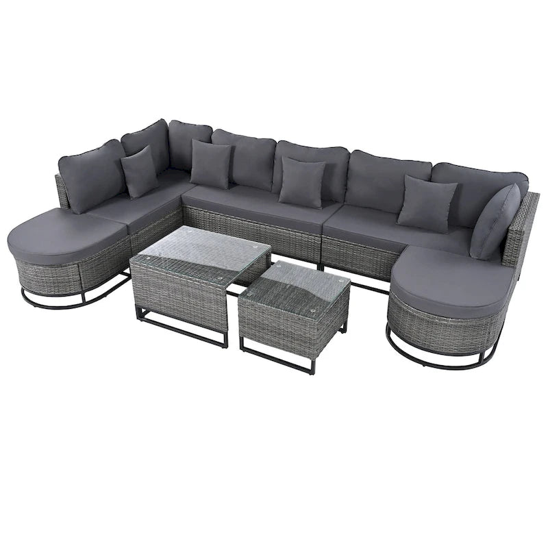 7-Piece PE Rattan Sectional Set Gray Cushions for 8 People 1 Loveseat 2 Corners 2 Ottomans 2 Tables