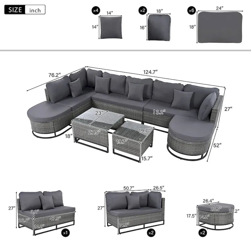 7-Piece PE Rattan Sectional Set Gray Cushions for 8 People 1 Loveseat 2 Corners 2 Ottomans 2 Tables