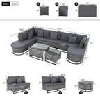 7-Piece PE Rattan Sectional Set Gray Cushions for 8 People 1 Loveseat 2 Corners 2 Ottomans 2 Tables