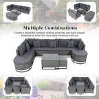 7-Piece PE Rattan Sectional Set Gray Cushions for 8 People 1 Loveseat 2 Corners 2 Ottomans 2 Tables