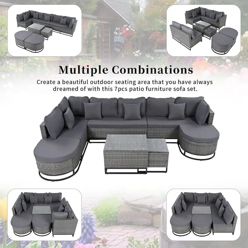 7-Piece PE Rattan Sectional Set Gray Cushions for 8 People 1 Loveseat 2 Corners 2 Ottomans 2 Tables