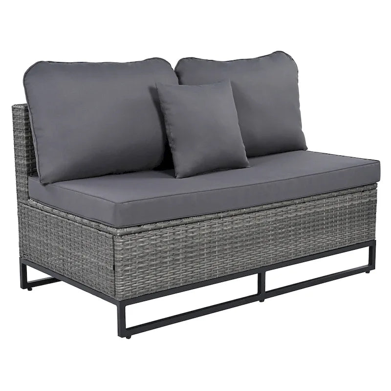 7-Piece PE Rattan Sectional Set Gray Cushions for 8 People 1 Loveseat 2 Corners 2 Ottomans 2 Tables